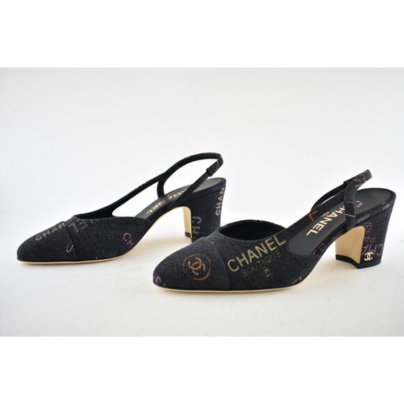 Chanel 22P Mademoiselle Coco Sling Black Grey Denim Slingback Sandal Heel 38.5 - Picture 10 of 12